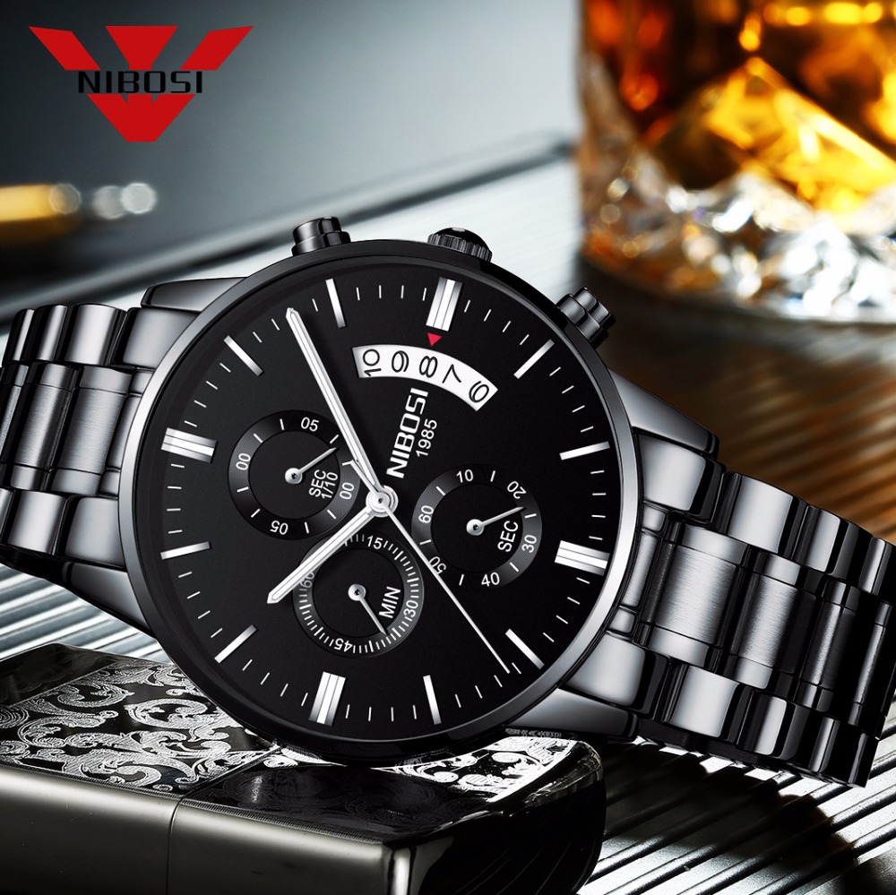 Luxury Watch Mockup - NIBOSI Stainless Steel Black Quartz Watch